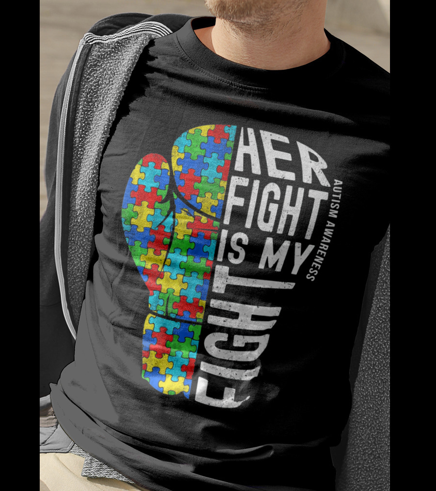 Autism Awareness Her Fight Is My Fight Boxing Glove Puzzle T-Shirt