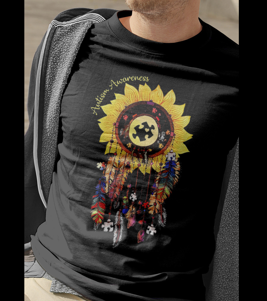 Autism Awareness Sunflower Puzzle Dreamcatcher Feathers T-Shirt