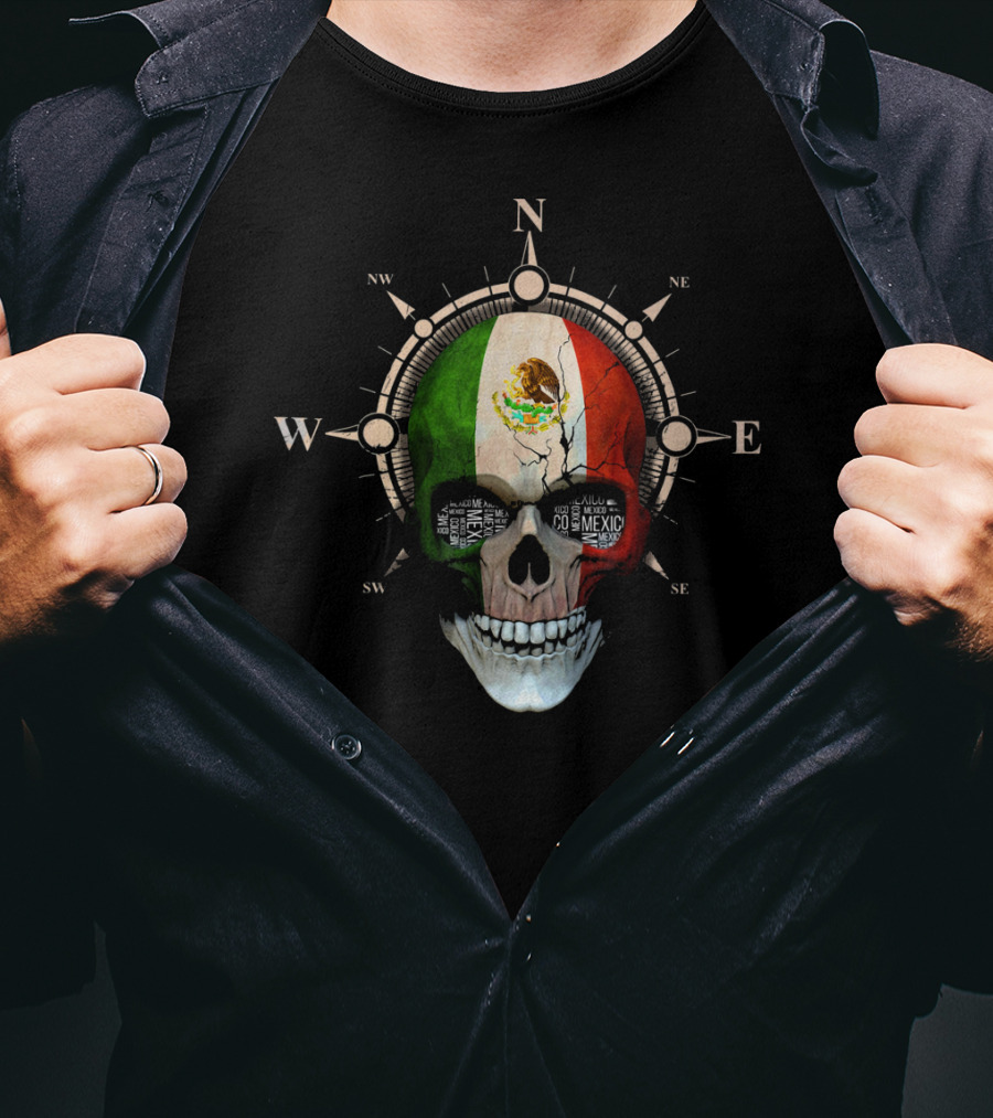 Mexico Skull Compass Flag Mexican DNA Roots T-Shirt