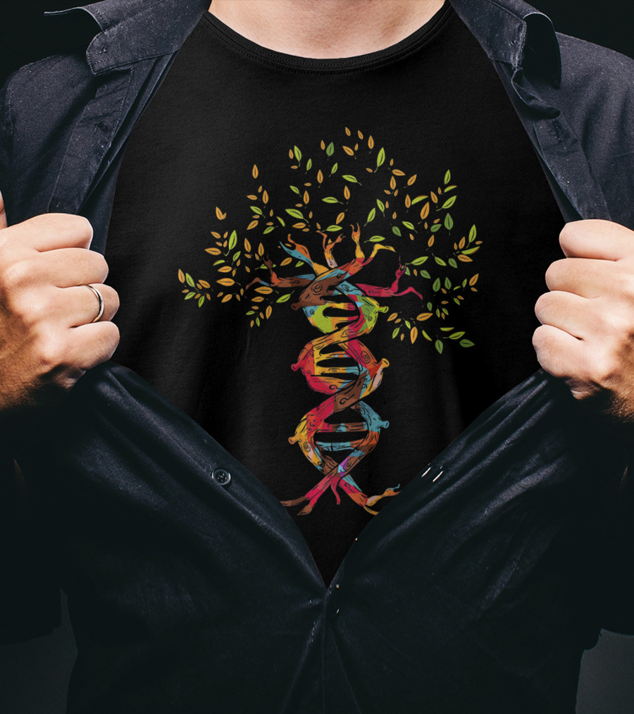 Tree Of Life DNA Genetics Spiral With Vibrant Colors And Leaves T-Shirt