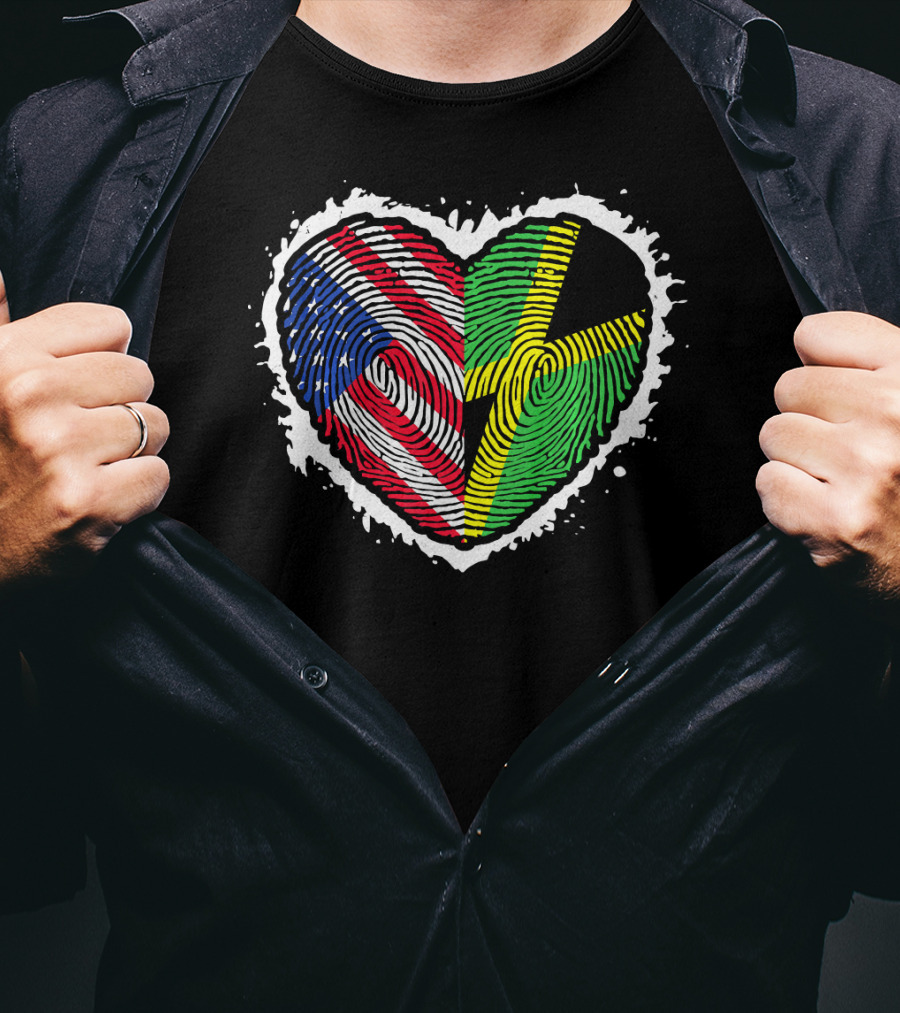 Fingerprint DNA Heart Love Jamaica USA Flag T-Shirt