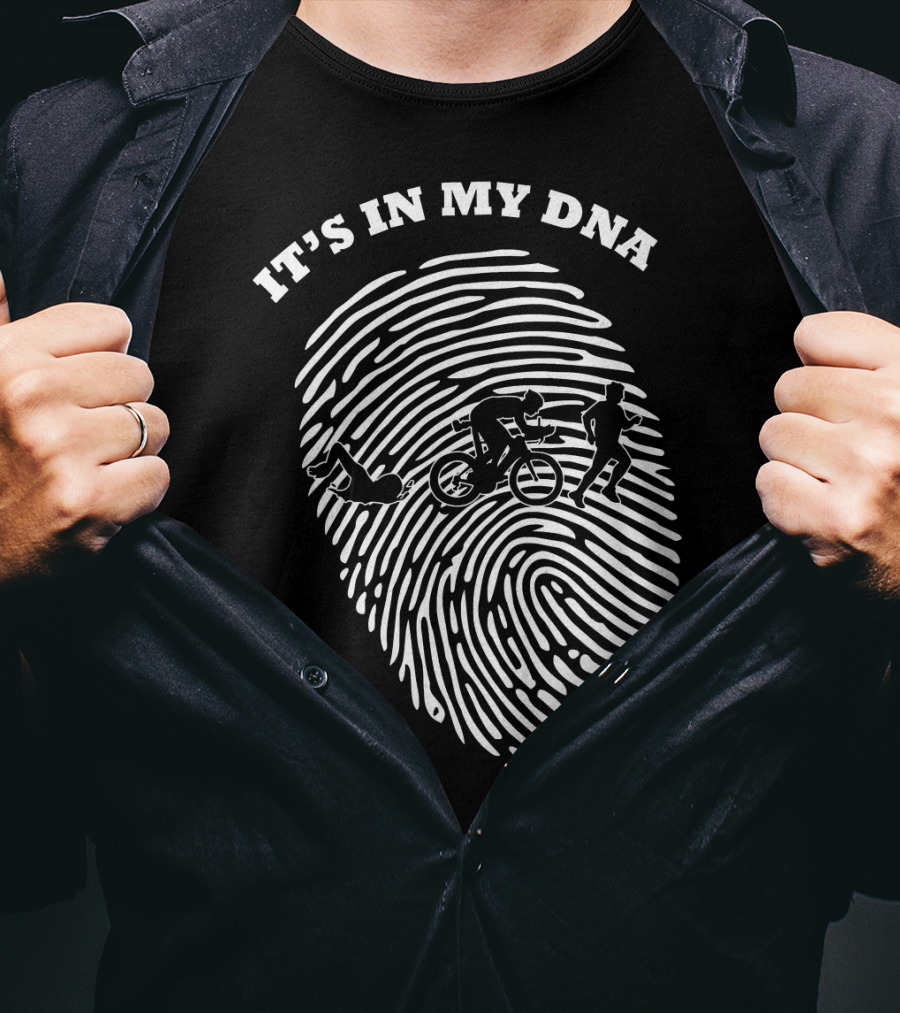 IT'S IN MY DNA Triathlon Triathlete Fingerprint Swim Bike Run T-Shirt