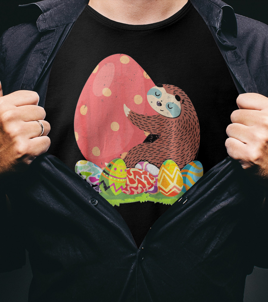 Girls Sloth Easter Women Funny Easter Egg Hug T-Shirt