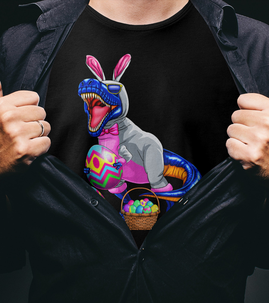Easter Bunny T-Rex Dinosaur With Colorful Eggs T-Shirt