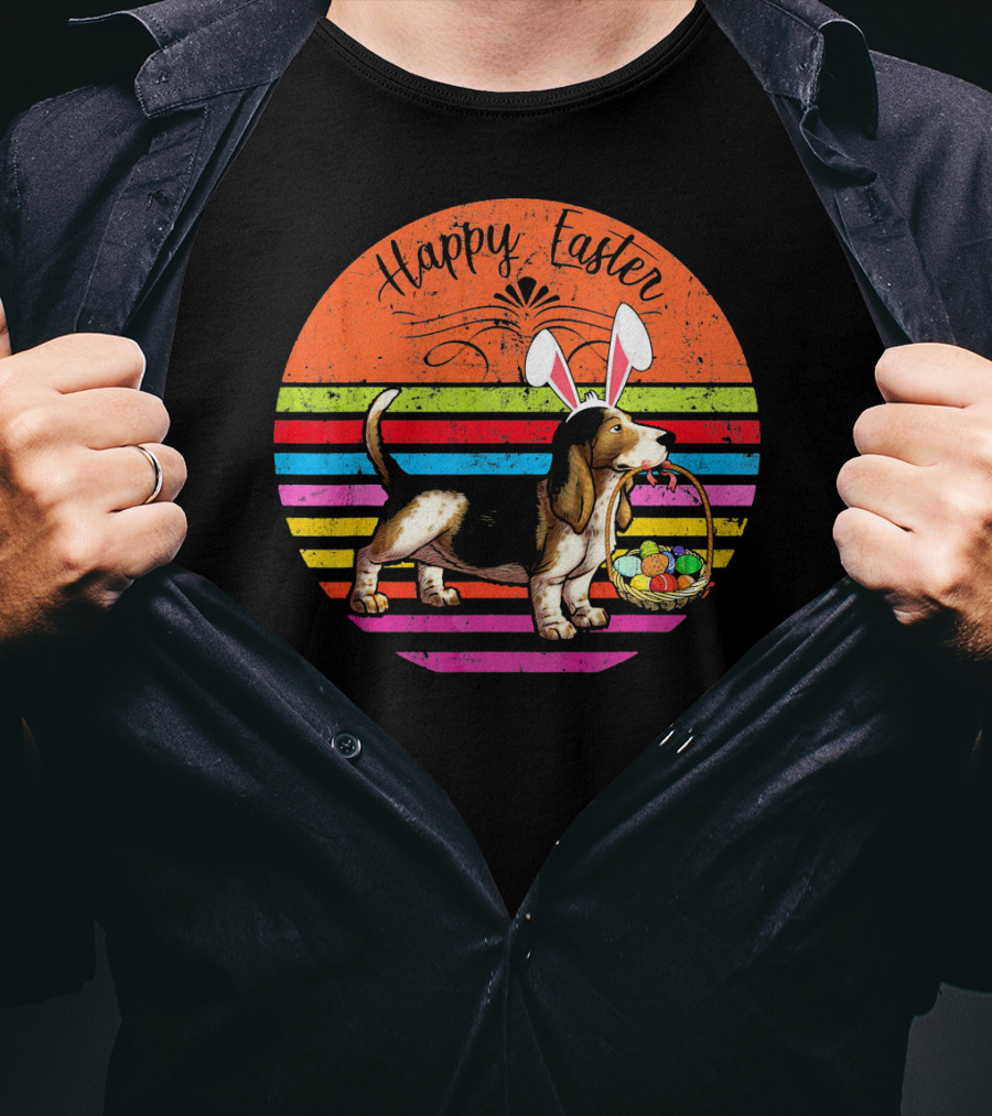 Vintage Basset Hound Dog Happy Easter Eggs T-Shirt