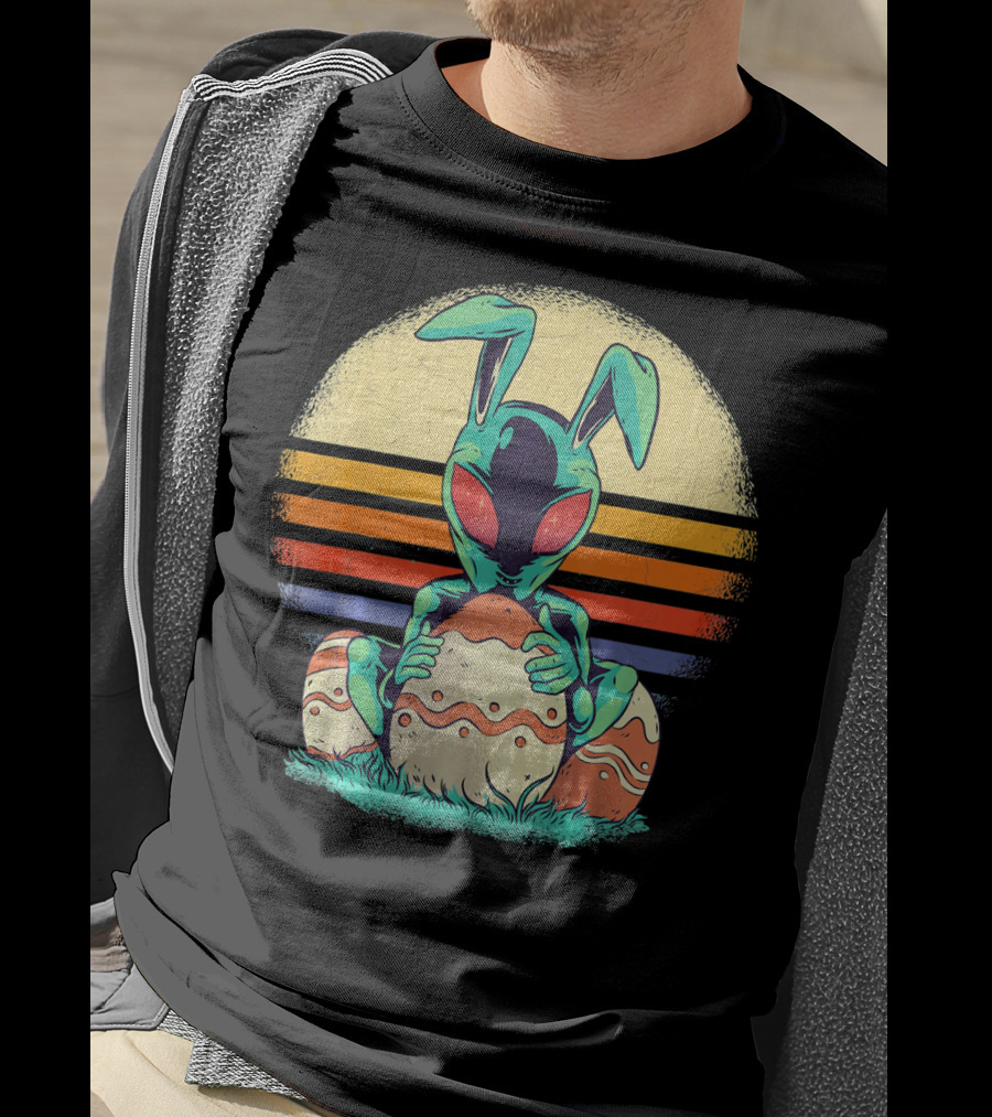 Easter Alien With Bunny Ears Holding Egg Sunset Stripes T-Shirt