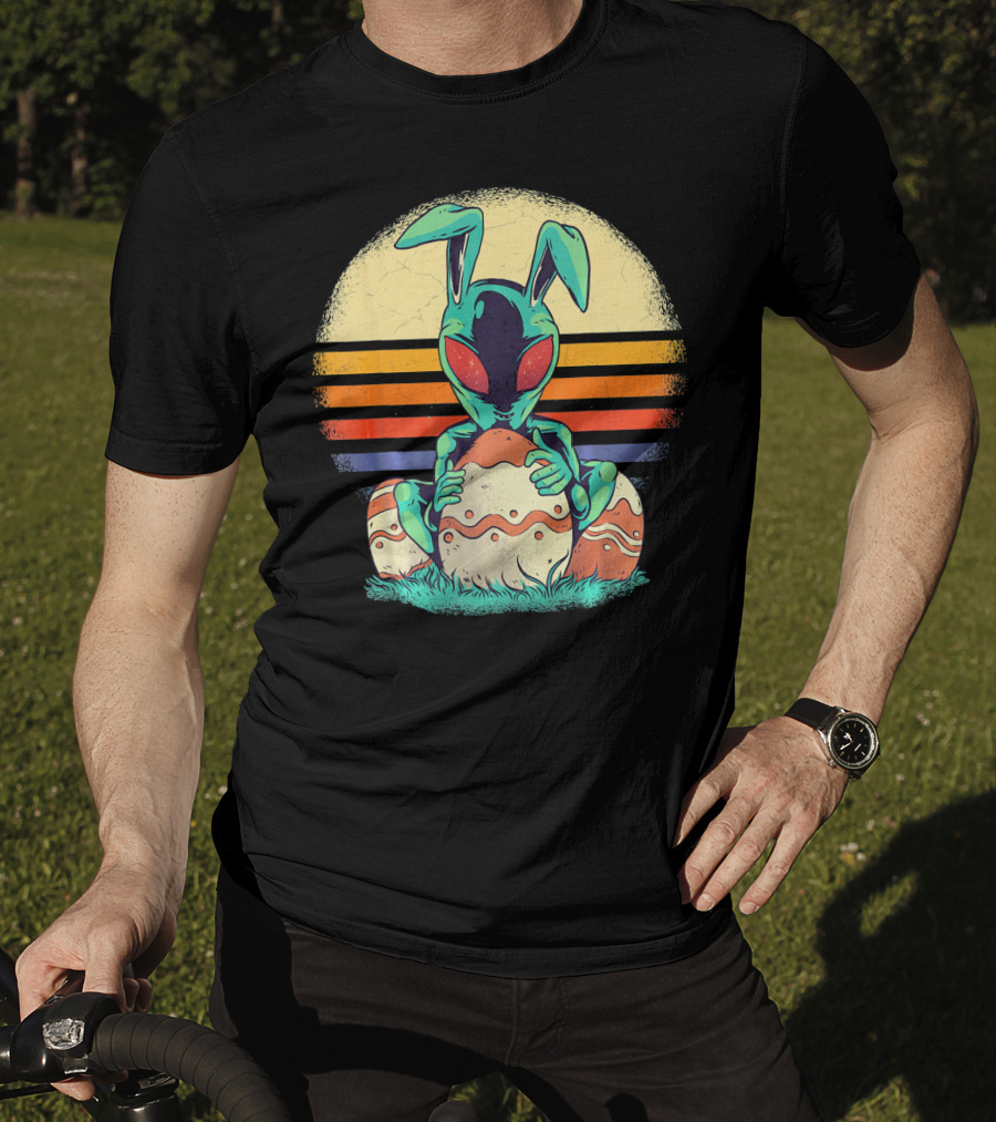 Easter Alien With Bunny Ears Holding Egg Sunset Stripes T-Shirt