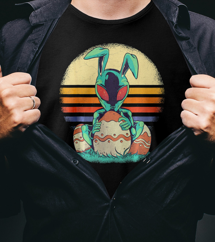 Easter Alien With Bunny Ears Holding Egg Sunset Stripes T-Shirt