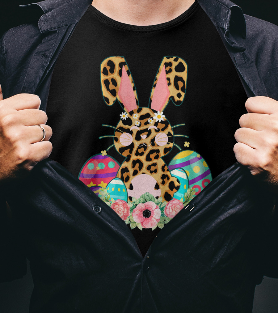 Bunny Leopard Print Floral Cute Easter Eggs T-Shirt