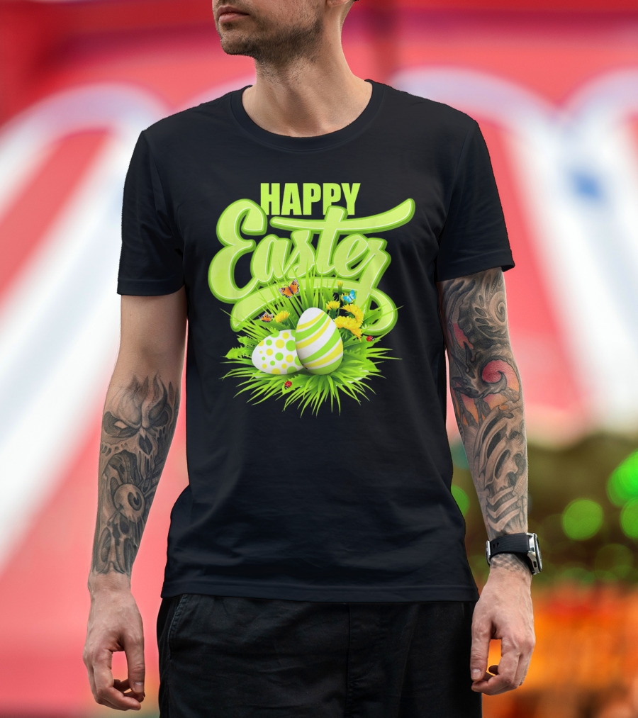 Happy Easter Eggs Green Spring Flowers Butterflies T-Shirt