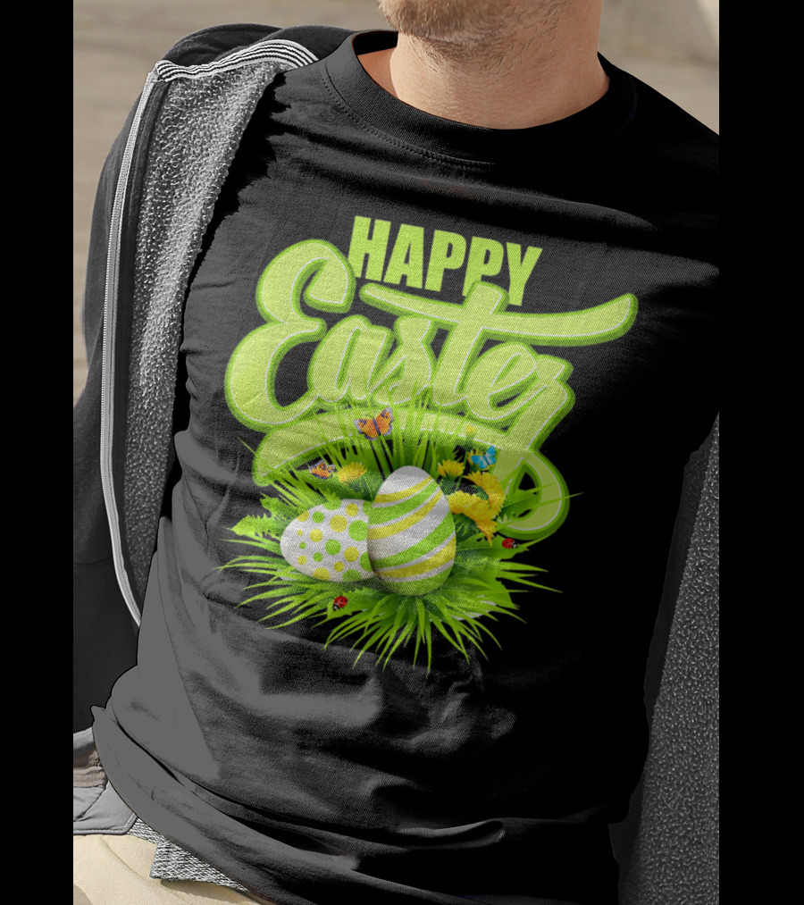 Happy Easter Eggs Green Spring Flowers Butterflies T-Shirt
