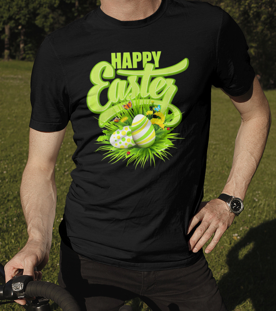 Happy Easter Eggs Green Spring Flowers Butterflies T-Shirt