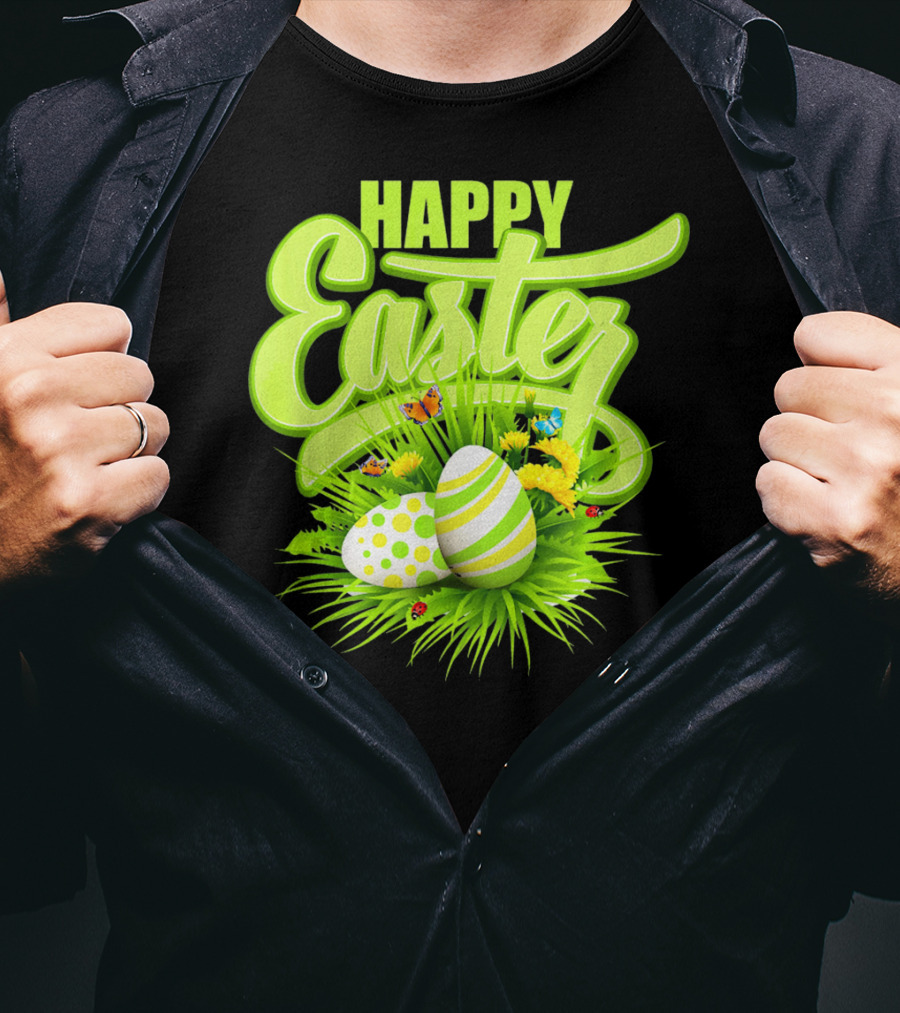 Happy Easter Eggs Green Spring Flowers Butterflies T-Shirt