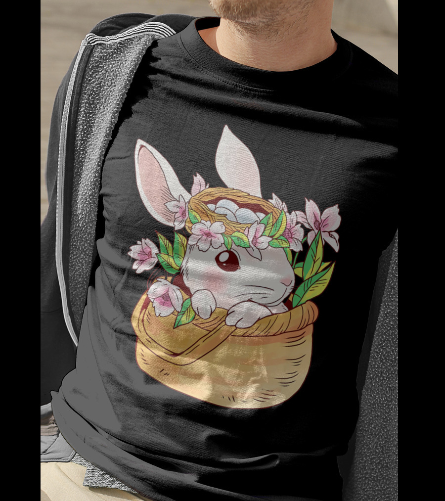 Cute Easter Bunny Girl Floral Basket T-Shirt