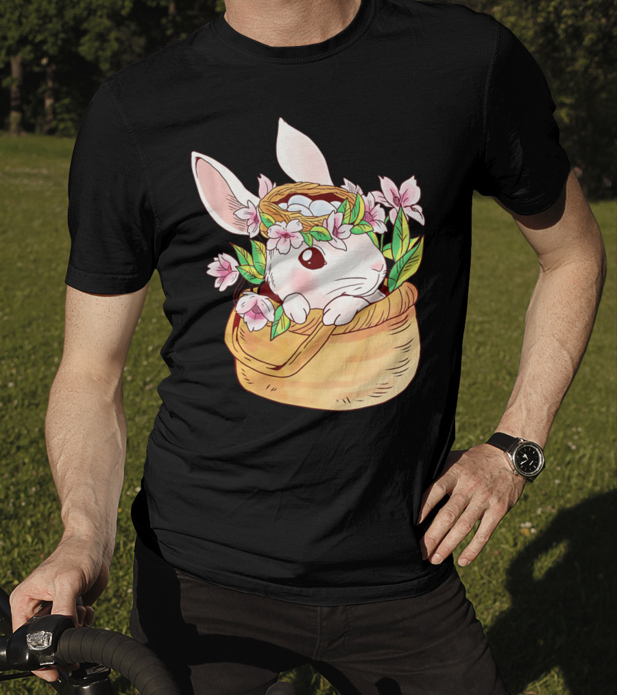 Cute Easter Bunny Girl Floral Basket T-Shirt