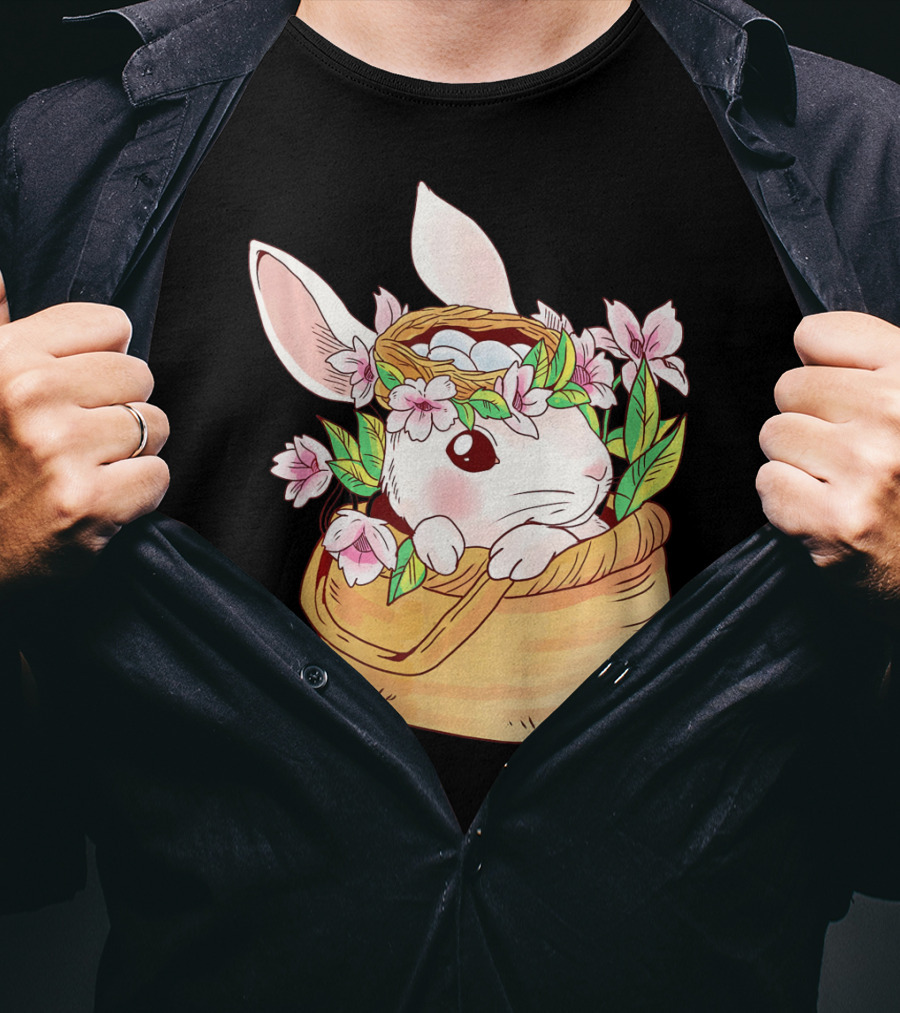 Cute Easter Bunny Girl Floral Basket T-Shirt