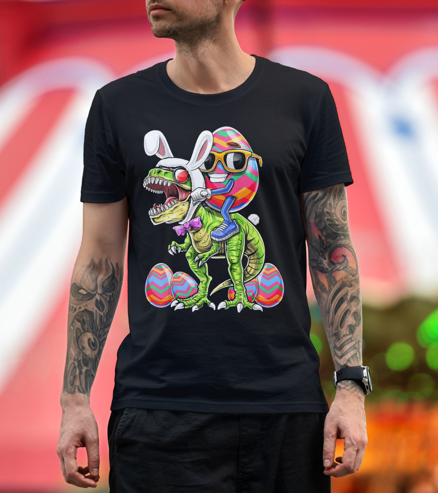 Easter Bunny Dinosaur with Egg Rabbit Ears and Sunglasses T-Shirt