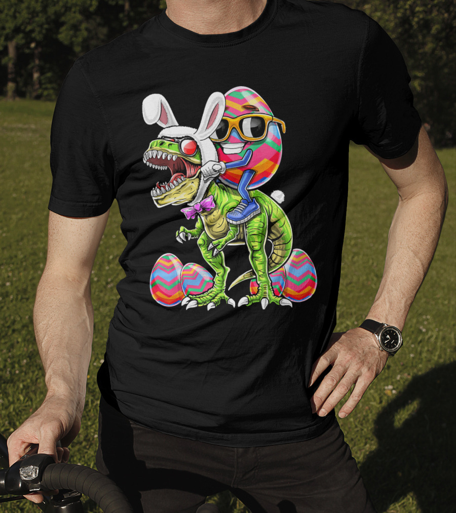 Easter Bunny Dinosaur With Egg Rabbit Ears And Sunglasses T-Shirt