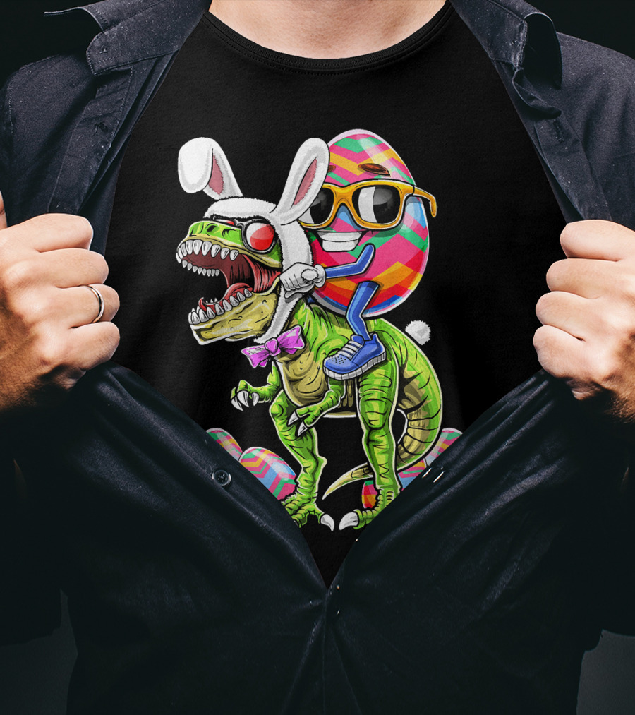 Easter Bunny Dinosaur With Egg Rabbit Ears And Sunglasses T-Shirt