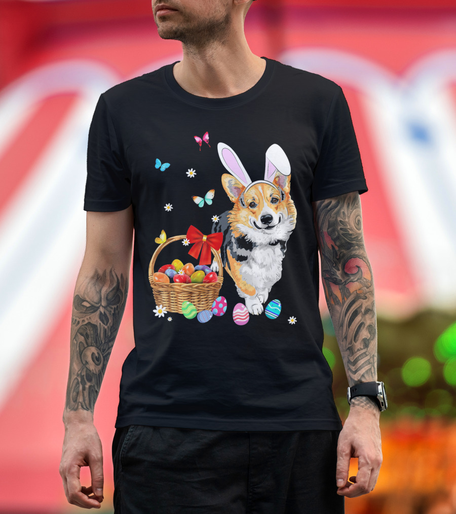 Welsh Corgi Bunny Ear Rabbit Easter Eggs Basket Butterflies T-Shirt