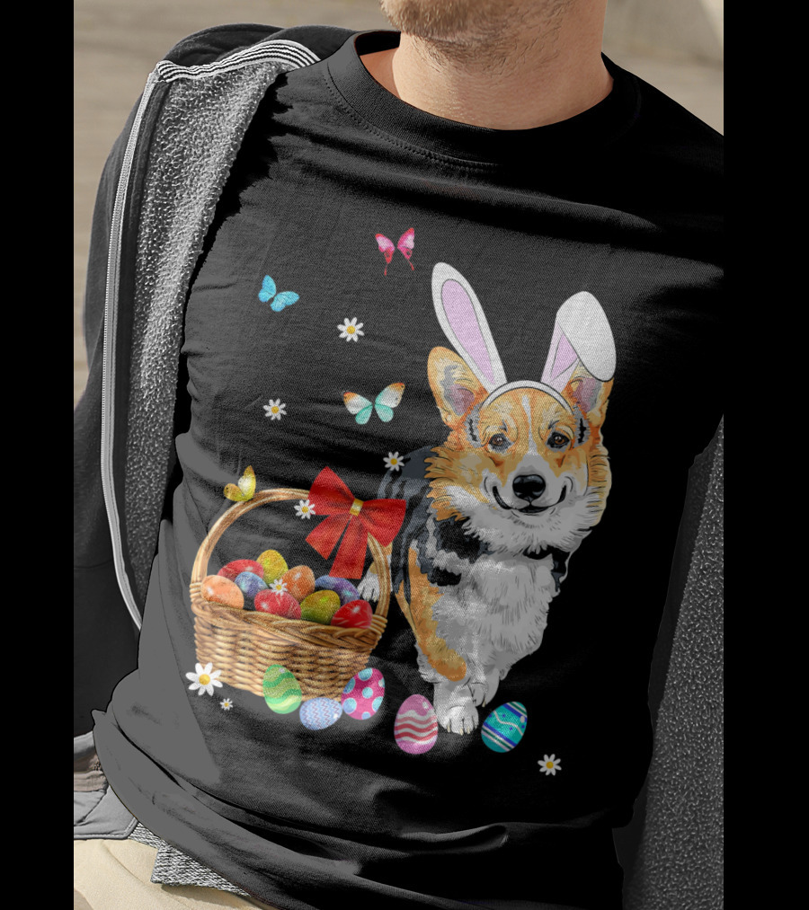 Welsh Corgi Bunny Ear Rabbit Easter Eggs Basket Butterflies T-Shirt