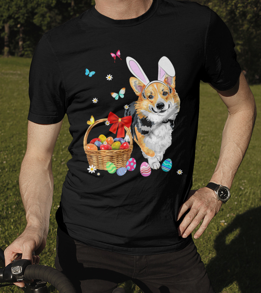 Welsh Corgi Bunny Ear Rabbit Easter Eggs Basket Butterflies T-Shirt