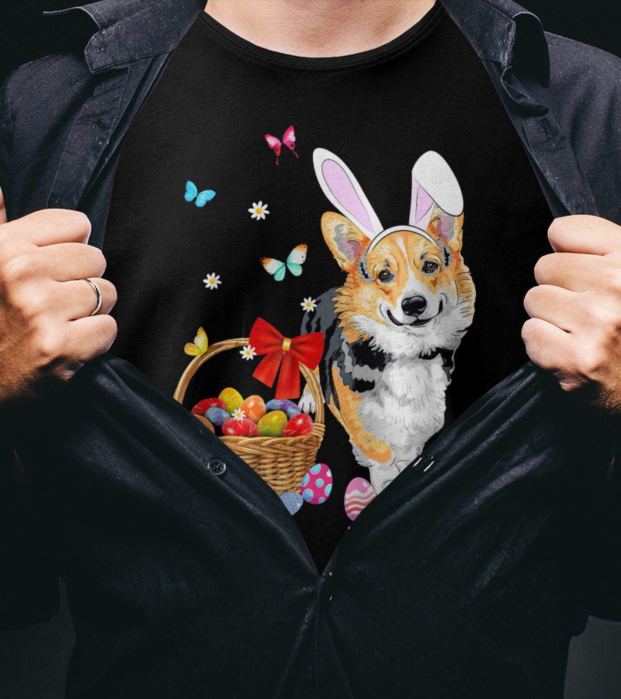 Welsh Corgi Bunny Ear Rabbit Easter Eggs Basket Butterflies T-Shirt