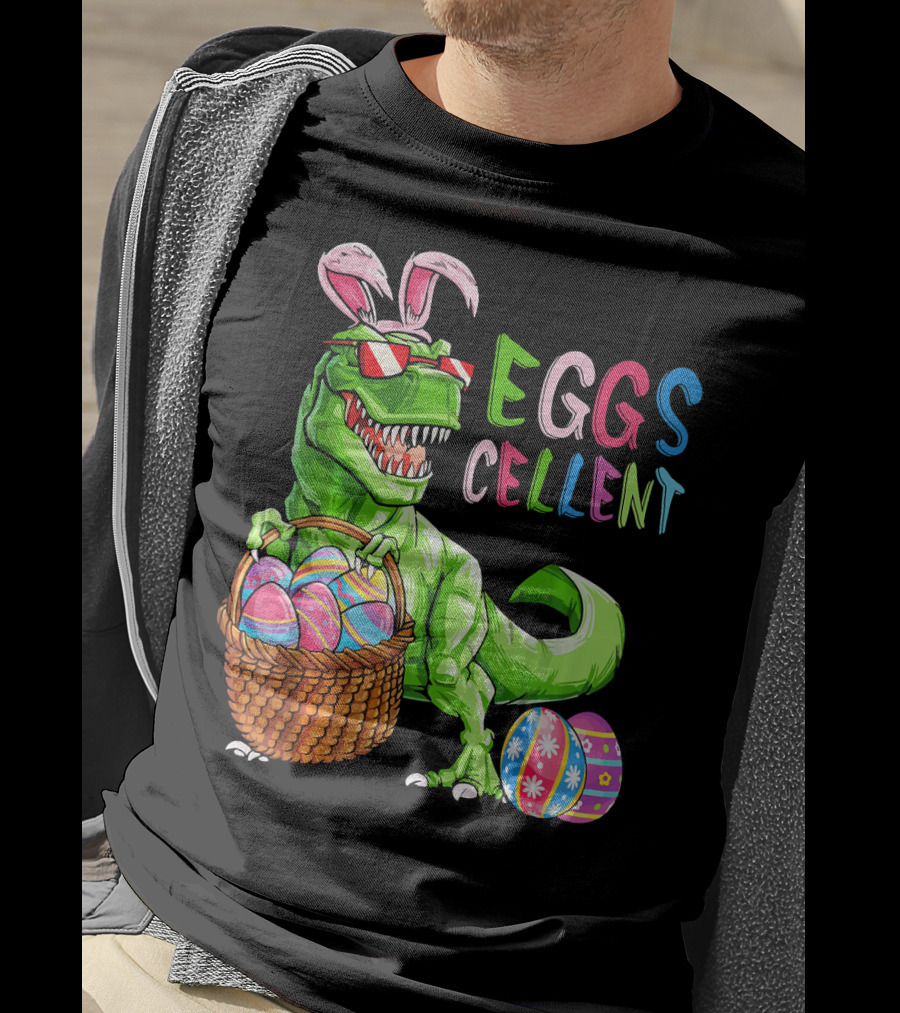 EGGS-cellent Green Dinosaur With Bunny Ears And Easter Eggs T-Shirt