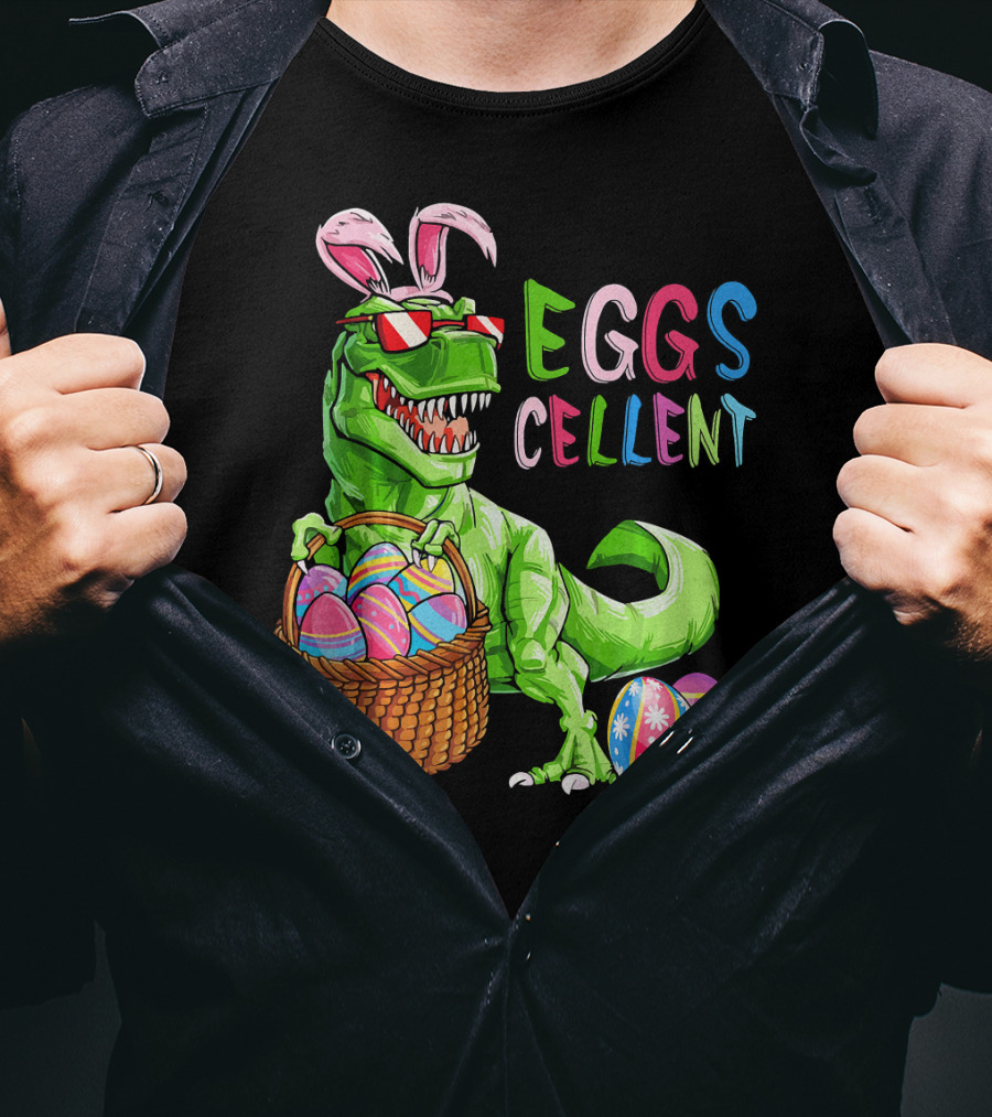 EGGS-cellent Green Dinosaur With Bunny Ears And Easter Eggs T-Shirt