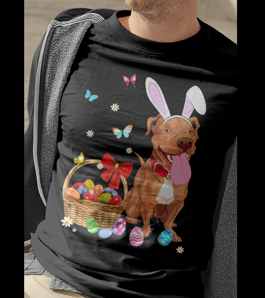 Pitbull With Bunny Ears And Easter Eggs Basket With Butterflies And Flowers T-Shirt