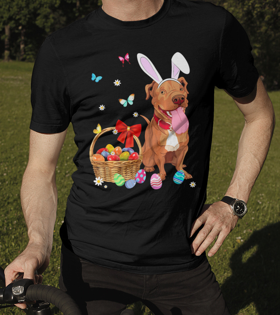 Pitbull With Bunny Ears And Easter Eggs Basket With Butterflies And Flowers T-Shirt