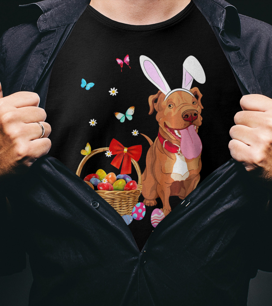 Pitbull With Bunny Ears And Easter Eggs Basket With Butterflies And Flowers T-Shirt