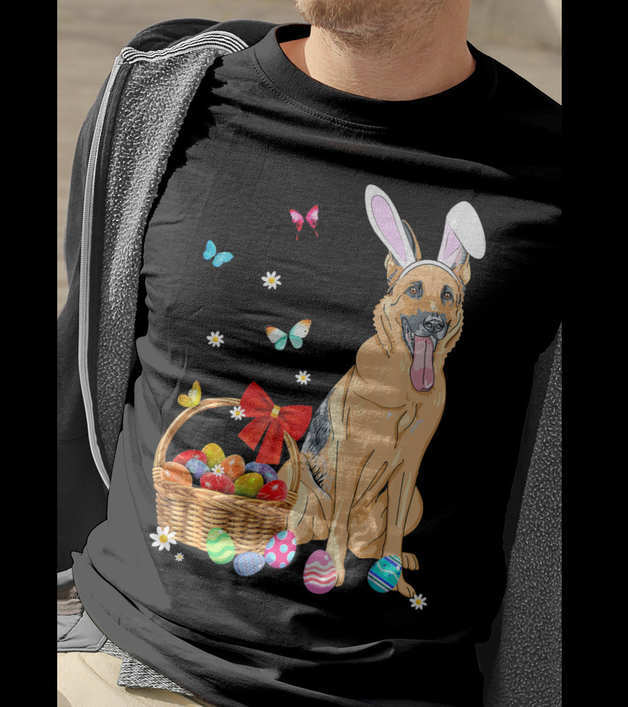 German Shepherd Bunny Ears Rabbit Easter Eggs Basket Butterflies T-Shirt