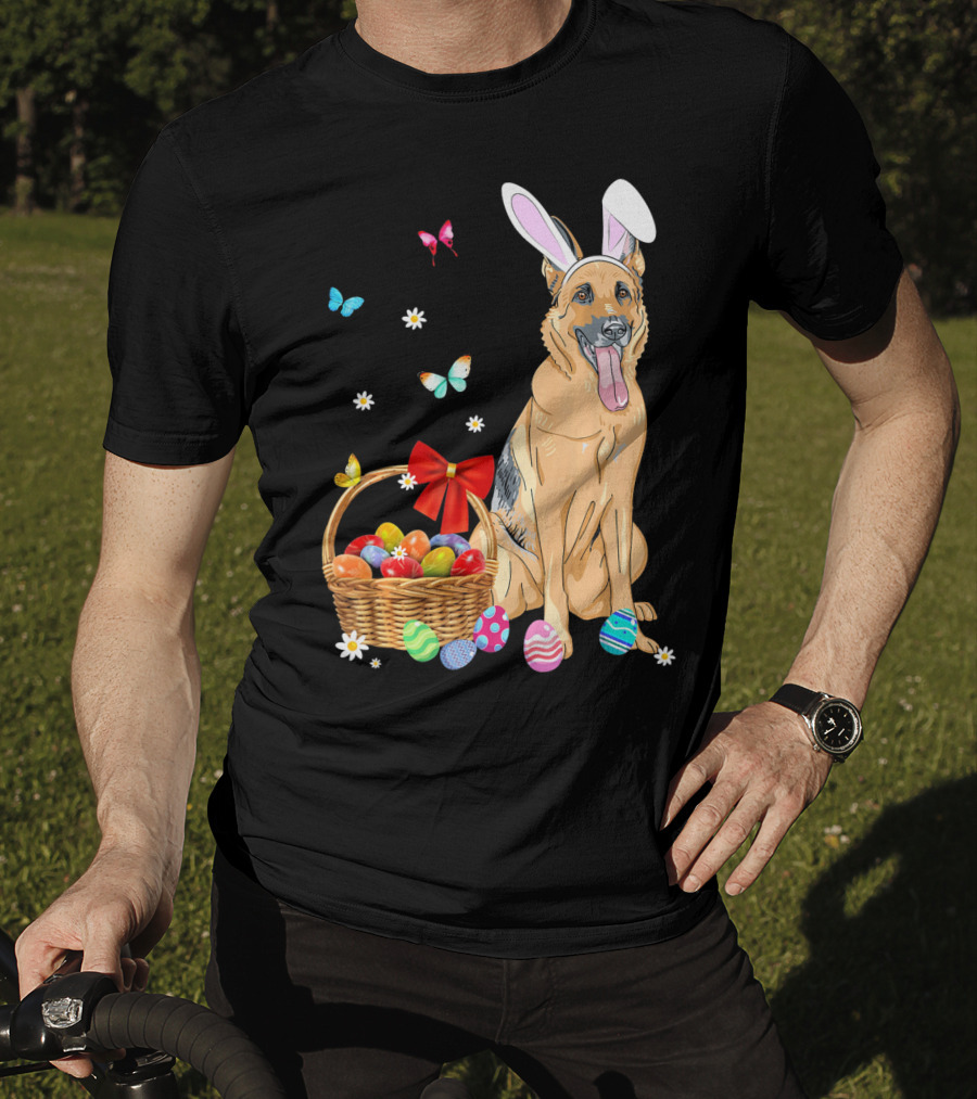 German Shepherd Bunny Ears Rabbit Easter Eggs Basket Butterflies T-Shirt