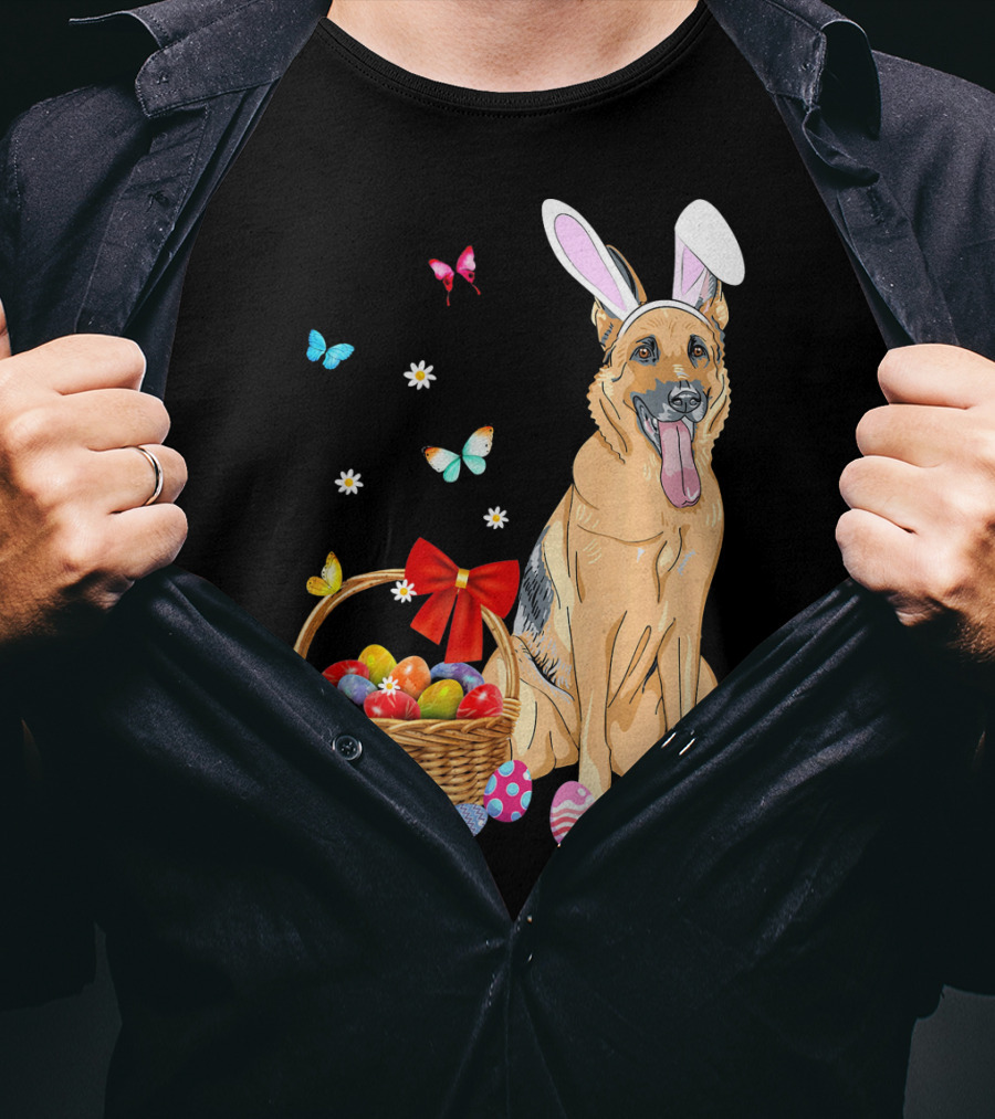 German Shepherd Bunny Ears Rabbit Easter Eggs Basket Butterflies T-Shirt