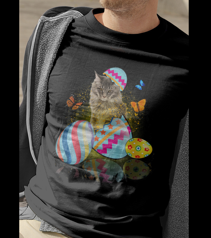 Funny Cat With Colorful Easter Eggs And Butterflies For Cat Lovers T-Shirt