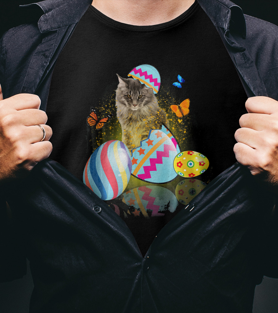 Funny Cat With Colorful Easter Eggs And Butterflies For Cat Lovers T-Shirt