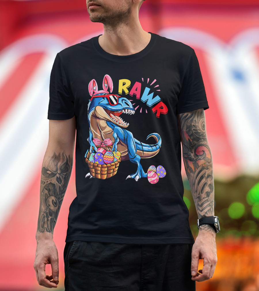 Dinosaur Easter Bunny Rex Rawr with Eggs and Basket T-Shirt