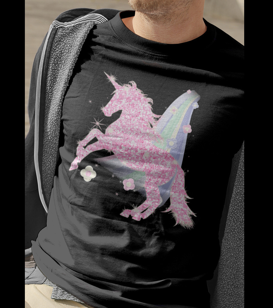 Pink Sparkle Unicorn With Easter Flowers And Rainbow Mane T-Shirt