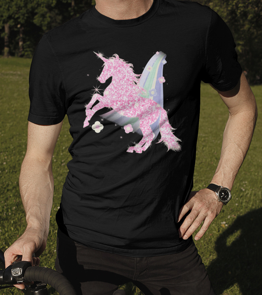 Pink Sparkle Unicorn With Easter Flowers And Rainbow Mane T-Shirt