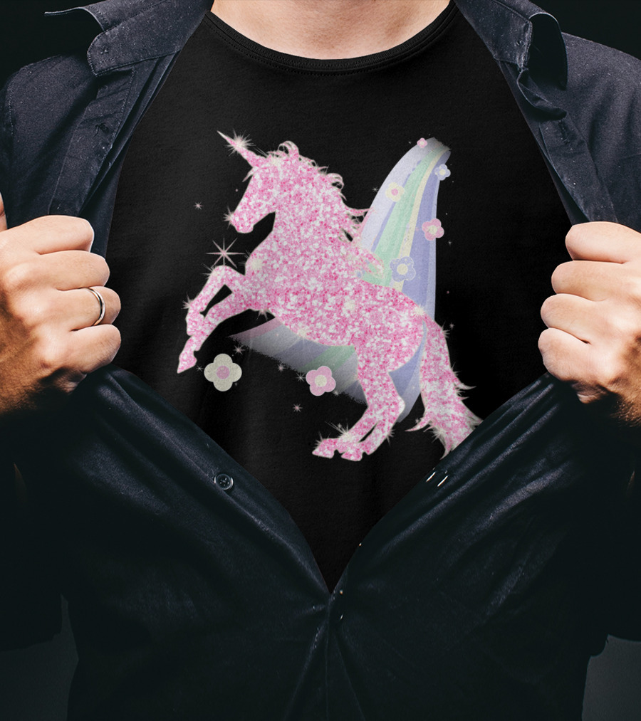 Pink Sparkle Unicorn With Easter Flowers And Rainbow Mane T-Shirt
