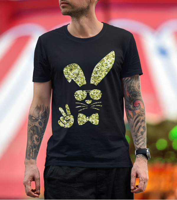 Premium T-Shirt: Easter Bunny Girls Cute Gold Glitter Bunny with Sunglasses and Bow Tie T-Shirt Easter Bunny Girls Cute Gold Glitter Bunny with Sunglasses and Bow Tie T-Shirt
