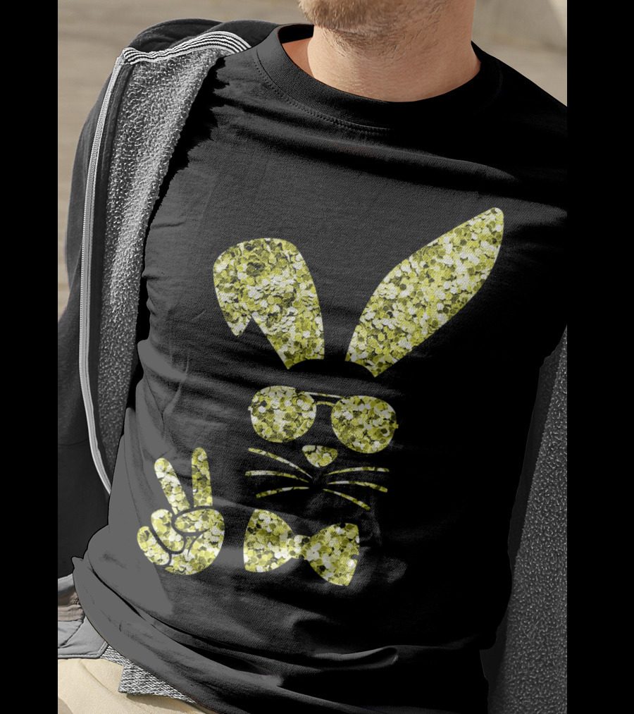 Easter Bunny Girls Cute Gold Glitter Bunny With Sunglasses And Bow Tie T-Shirt