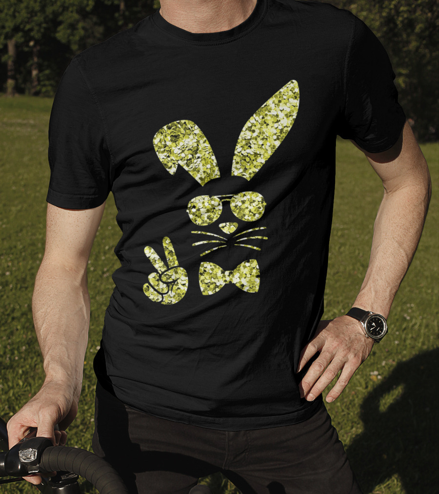 Easter Bunny Girls Cute Gold Glitter Bunny With Sunglasses And Bow Tie T-Shirt
