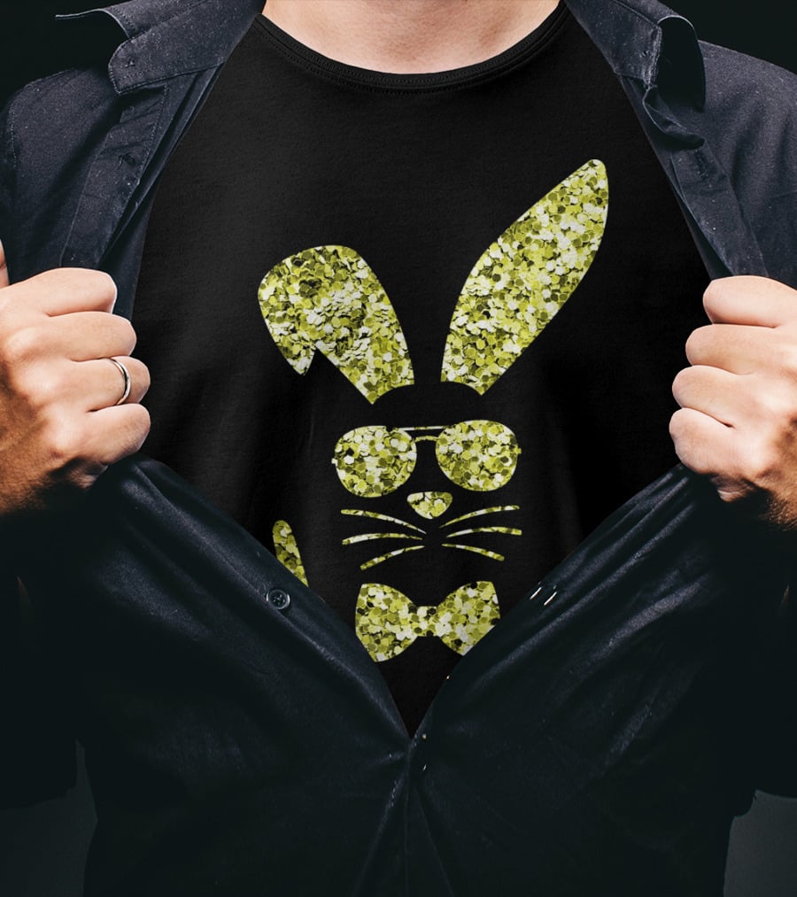 Easter Bunny Girls Cute Gold Glitter Bunny With Sunglasses And Bow Tie T-Shirt
