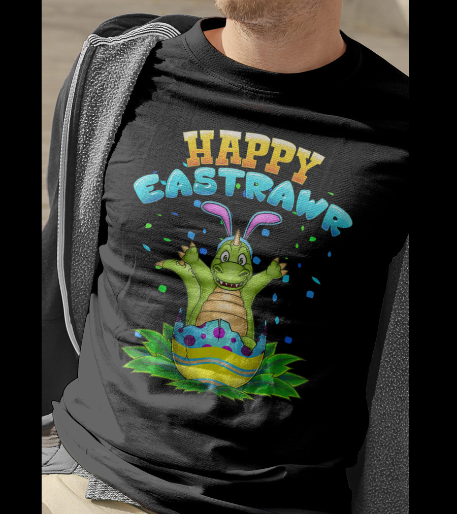 Happy Eastrawr Dinosaur In Easter Egg With Bunny Ears And Confetti T-Shirt
