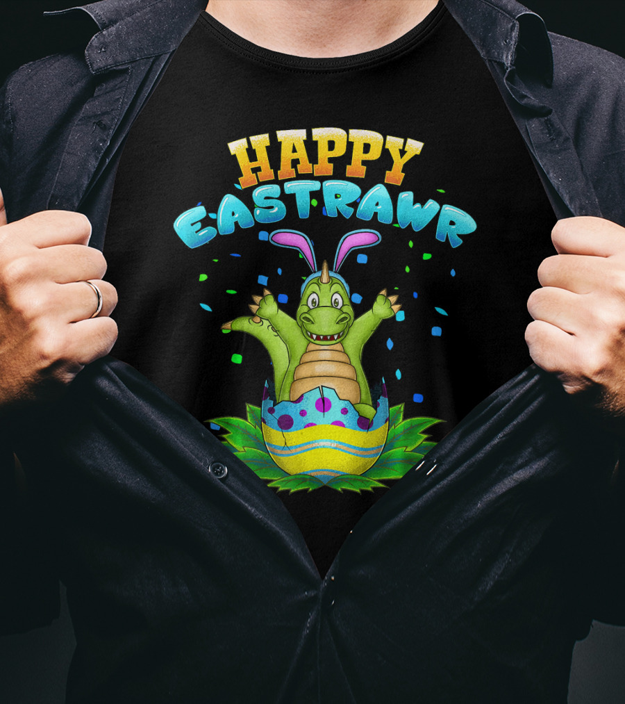 Happy Eastrawr Dinosaur In Easter Egg With Bunny Ears And Confetti T-Shirt
