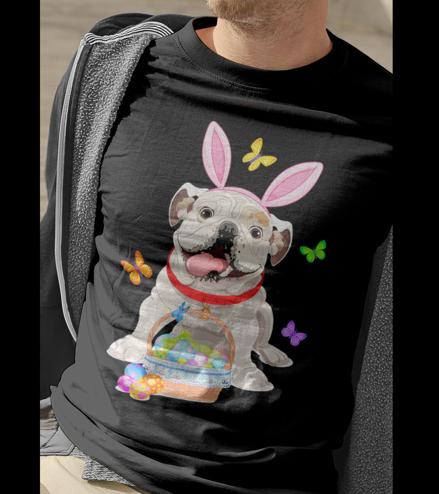 English Bulldog With Bunny Ears And Easter Egg Basket With Butterflies T-Shirt