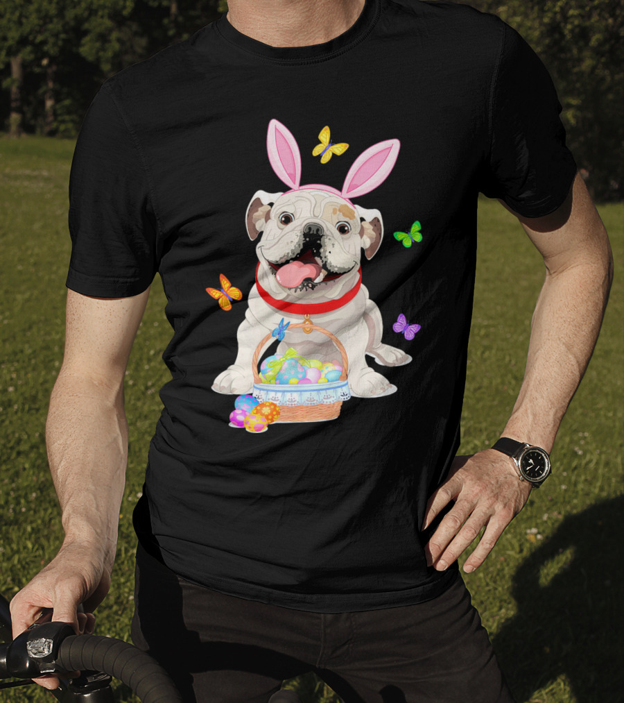 English Bulldog With Bunny Ears And Easter Egg Basket With Butterflies T-Shirt