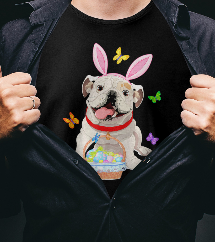 English Bulldog With Bunny Ears And Easter Egg Basket With Butterflies T-Shirt